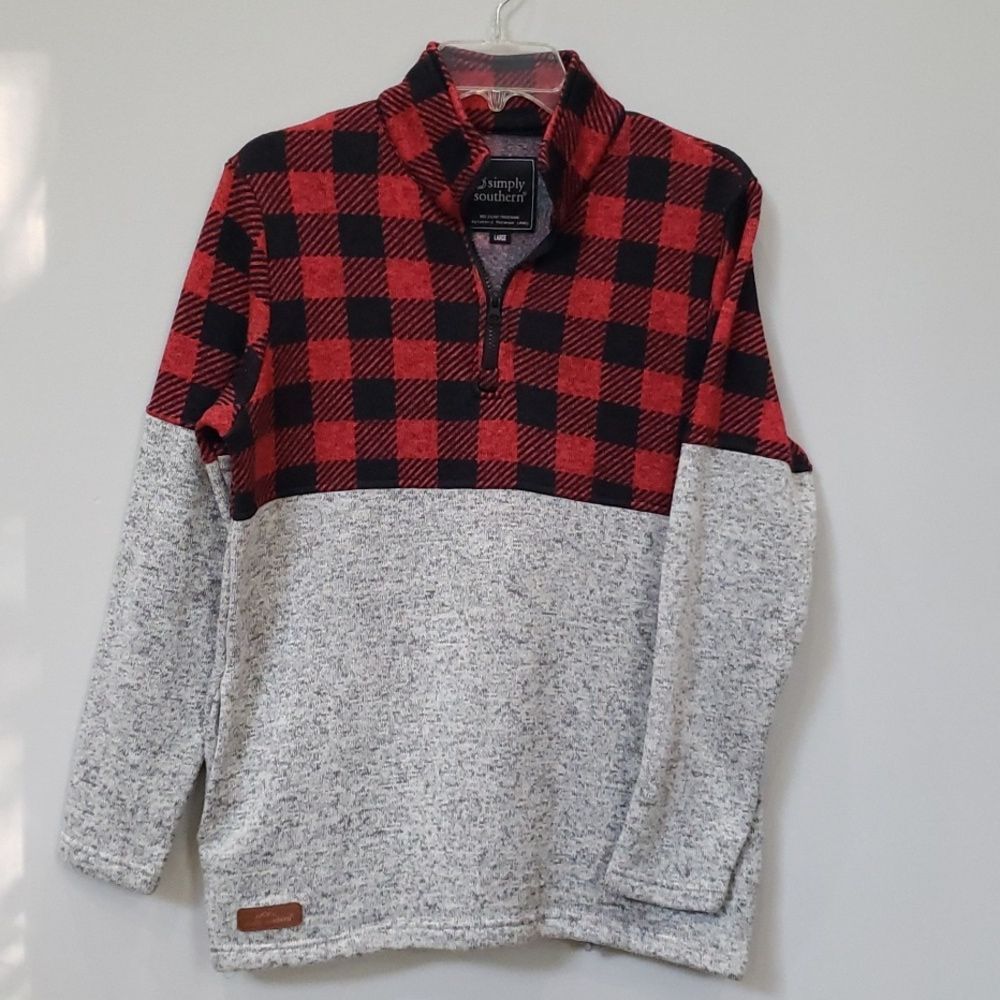 Simply Southern Fleece Womens sz L Buffalo Plaid Heather Gray 1/4 Zip Pullover